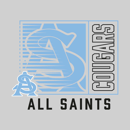 All Saints Cougars - Spirit Wear - Boxed Cutout Mascot with Outlined Mascot Name Over School Name