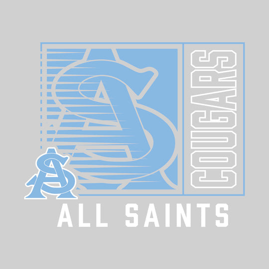All Saints Cougars - Spirit Wear - Boxed Cutout Mascot with Outlined Mascot Name Over School Name