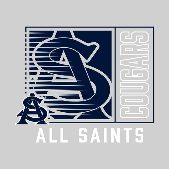 All Saints Cougars - Spirit Wear - Boxed Cutout Mascot with Outlined Mascot Name Over School Name