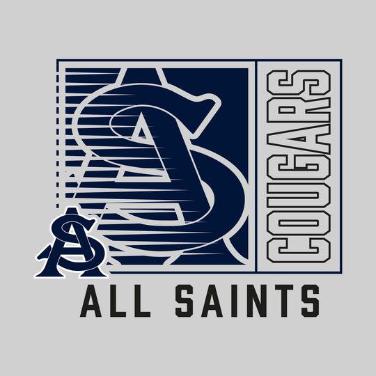 All Saints Cougars - Spirit Wear - Boxed Cutout Mascot with Outlined Mascot Name Over School Name
