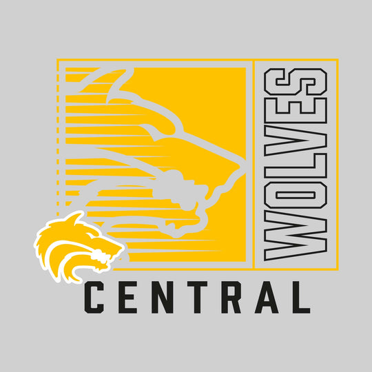 Central Wolves - Spirit Wear - Boxed Cutout Mascot with Outlined Mascot Name Over School Name