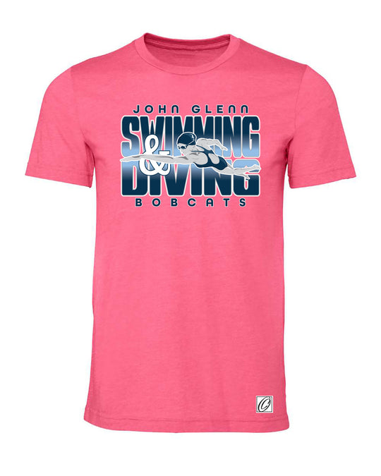 Adult - John Glenn Bobcats - Swimming & Diving - Gradient Text with Female Swimmer - Bella Canvas Heather CVC Crewneck Short Sleeve Tee