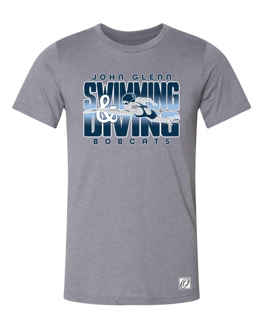 Adult - John Glenn Bobcats - Swimming & Diving - Gradient Text with Female Swimmer - Bella Canvas Heather CVC Crewneck Short Sleeve Tee