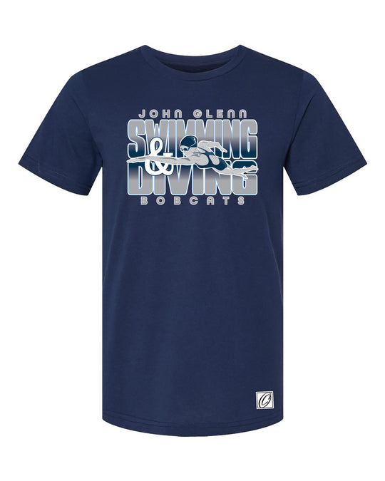 Adult - John Glenn Bobcats - Swimming & Diving - Gradient Text with Female Swimmer - Bella Canvas Heather CVC Crewneck Short Sleeve Tee