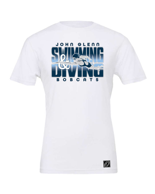 Adult - John Glenn Bobcats - Swimming & Diving - Gradient Text with Female Swimmer - Bella Canvas Heather CVC Crewneck Short Sleeve Tee