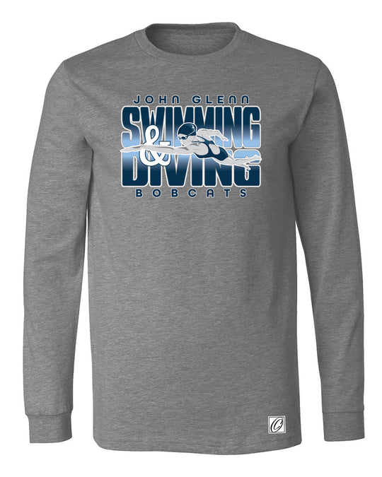 Adult - John Glenn Bobcats - Swimming & Diving - Gradient Text with Female Swimmer - Bella Canvas Heather CVC Crewneck Long Sleeve Tee