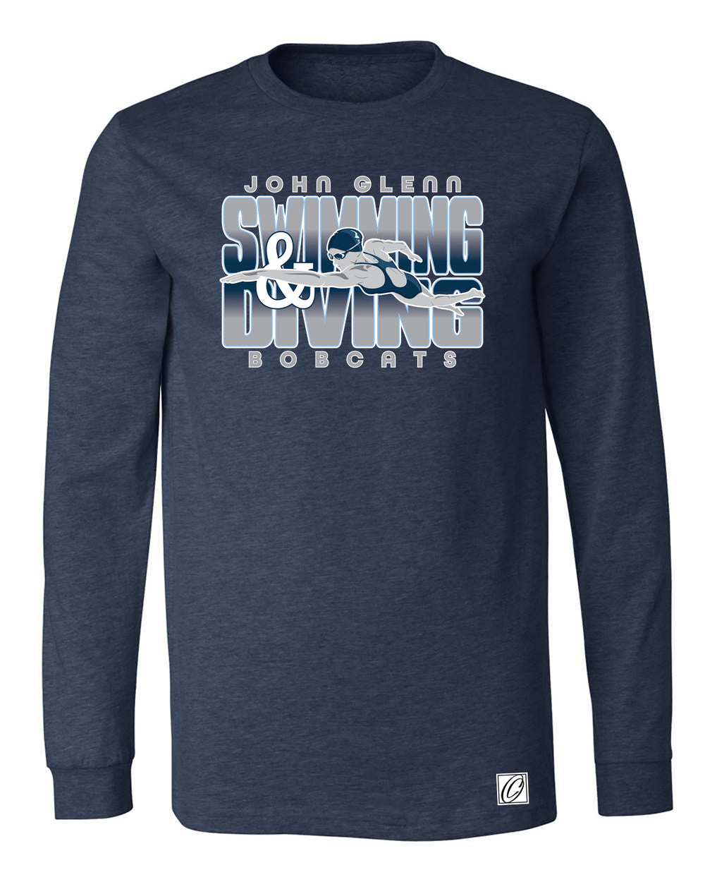Adult - John Glenn Bobcats - Swimming & Diving - Gradient Text with Female Swimmer - Bella Canvas Heather CVC Crewneck Long Sleeve Tee
