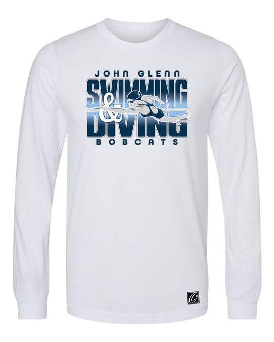 Adult - John Glenn Bobcats - Swimming & Diving - Gradient Text with Female Swimmer - Bella Canvas Heather CVC Crewneck Long Sleeve Tee