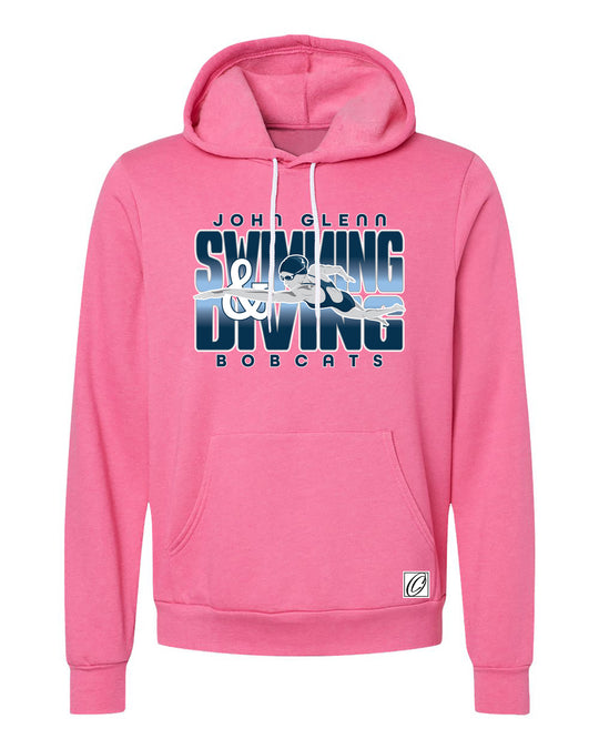 Adult - John Glenn Bobcats - Swimming & Diving - Gradient Text with Female Swimmer - Bella Canvas Sponge Fleece Pullover Hoodie