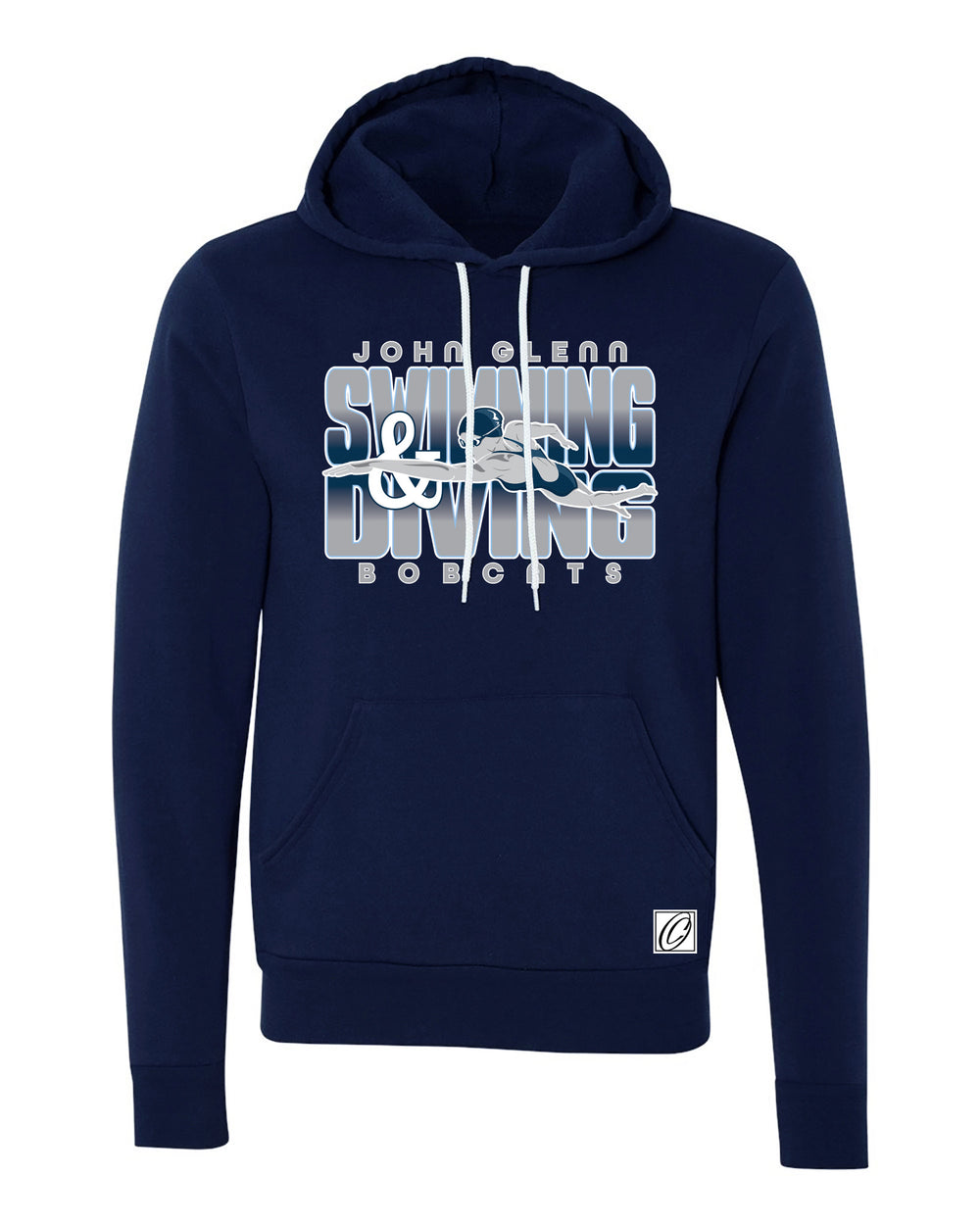 Adult - John Glenn Bobcats - Swimming & Diving - Gradient Text with Female Swimmer - Bella Canvas Sponge Fleece Pullover Hoodie