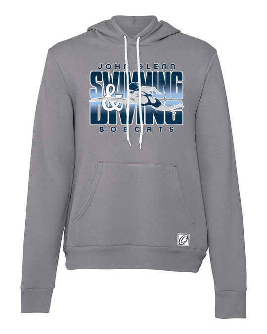 Adult - John Glenn Bobcats - Swimming & Diving - Gradient Text with Female Swimmer - Bella Canvas Sponge Fleece Pullover Hoodie
