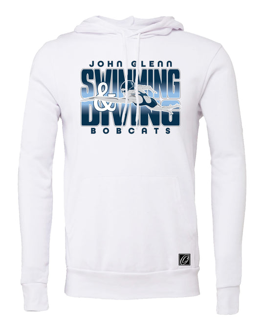Adult - John Glenn Bobcats - Swimming & Diving - Gradient Text with Female Swimmer - Bella Canvas Sponge Fleece Pullover Hoodie