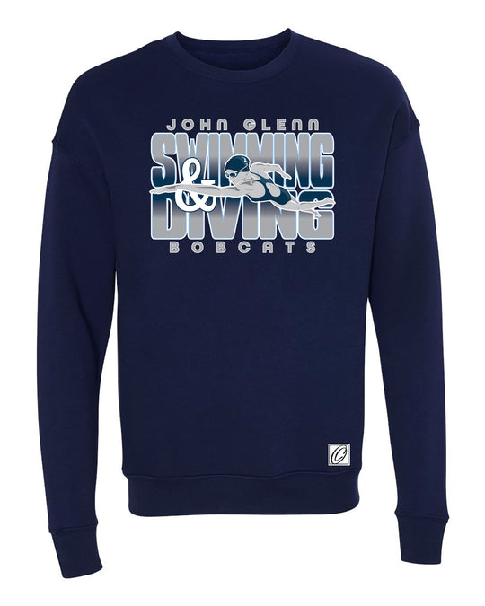 Adult - John Glenn Bobcats - Swimming & Diving - Gradient Text with Female Swimmer - Bella Canvas Sponge Fleece Drop Shoulder Crewneck Sweatshirt