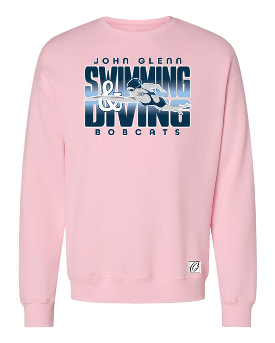 Adult - John Glenn Bobcats - Swimming & Diving - Gradient Text with Female Swimmer - Bella Canvas Sponge Fleece Drop Shoulder Crewneck Sweatshirt