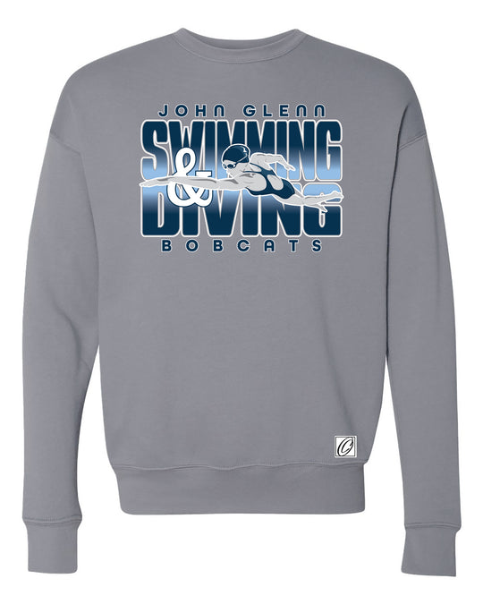 Adult - John Glenn Bobcats - Swimming & Diving - Gradient Text with Female Swimmer - Bella Canvas Sponge Fleece Drop Shoulder Crewneck Sweatshirt
