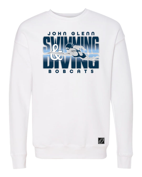 Adult - John Glenn Bobcats - Swimming & Diving - Gradient Text with Female Swimmer - Bella Canvas Sponge Fleece Drop Shoulder Crewneck Sweatshirt