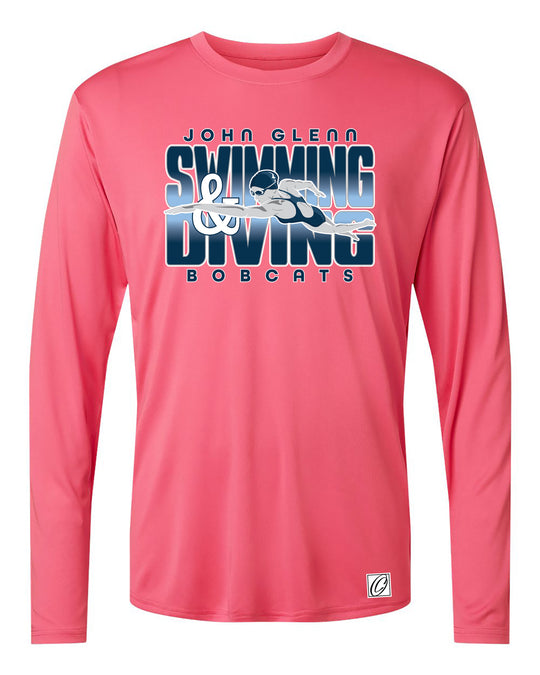 Adult - John Glenn Bobcats - Swimming & Diving - Gradient Text with Female Swimmer - AllPro Pro-Lock Performance Long Sleeve Tee