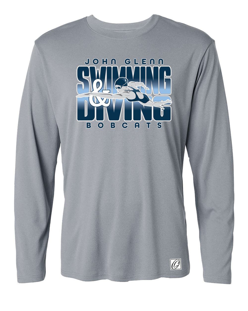 Adult - John Glenn Bobcats - Swimming & Diving - Gradient Text with Female Swimmer - AllPro Pro-Lock Performance Long Sleeve Tee