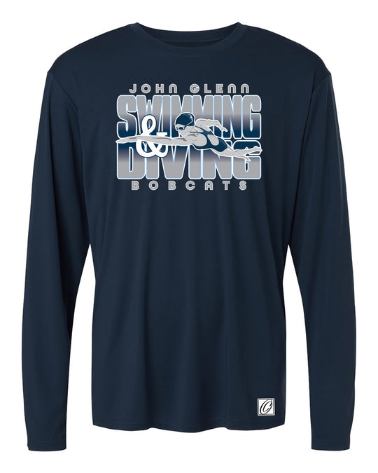 Adult - John Glenn Bobcats - Swimming & Diving - Gradient Text with Female Swimmer - AllPro Pro-Lock Performance Long Sleeve Tee
