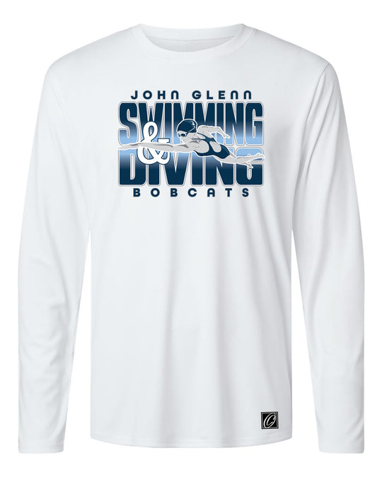 Adult - John Glenn Bobcats - Swimming & Diving - Gradient Text with Female Swimmer - AllPro Pro-Lock Performance Long Sleeve Tee