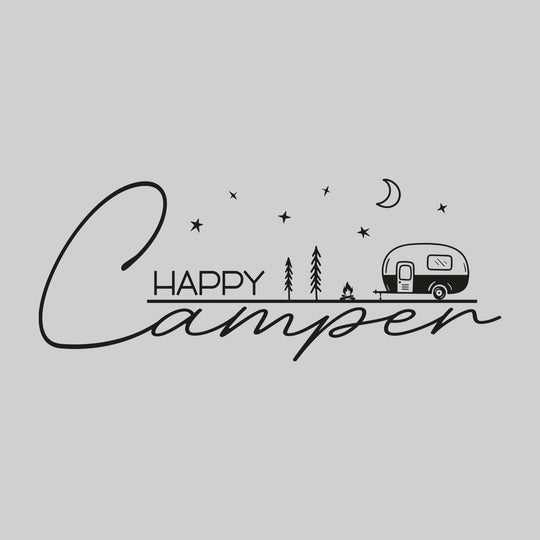 Happy Camper - Cartoon Scene with Cursive Text