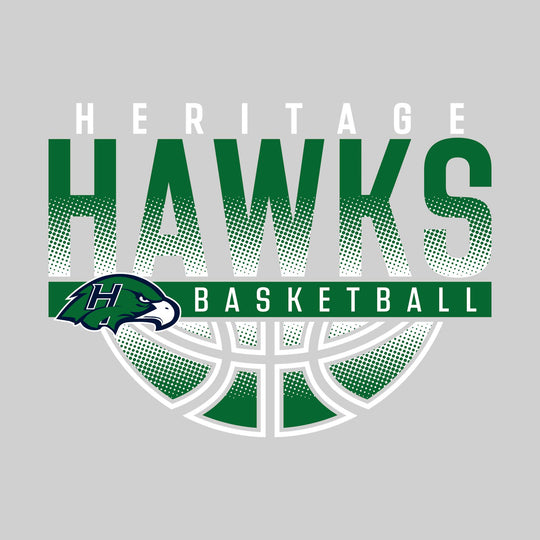 Heritage Hawks - Basketball - Halftone Hawks Over Basketball with Mascot