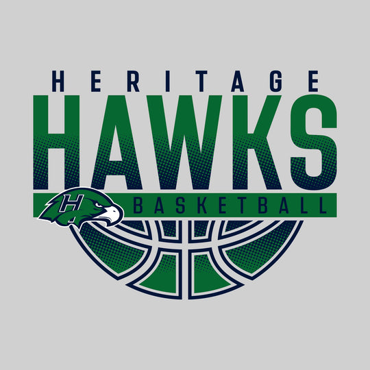 Heritage Hawks - Basketball - Halftone Hawks Over Basketball with Mascot