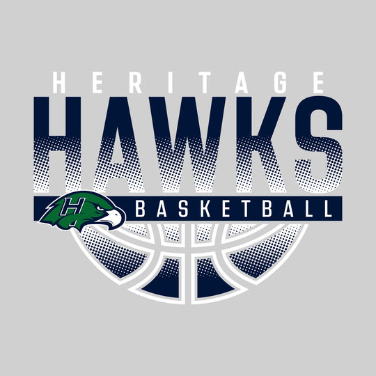 Heritage Hawks - Basketball - Halftone Hawks Over Basketball with Mascot
