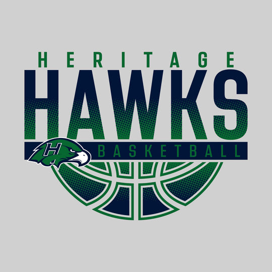 Heritage Hawks - Basketball - Halftone Hawks Over Basketball with Mascot