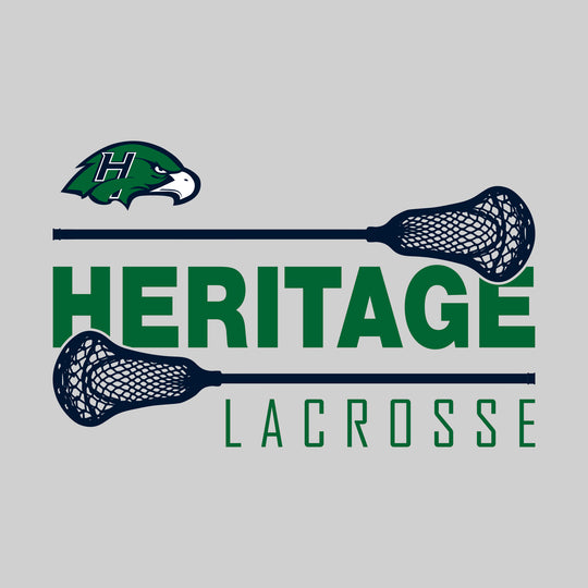 Heritage Hawks - Lacrosse - School Name Bracketed by Lacrosse Sticks with Mascot
