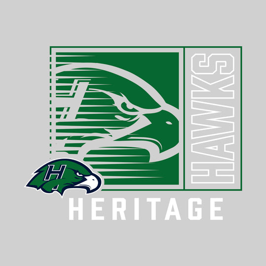 Heritage Hawks - Spirit Wear - Boxed Cutout Mascot with Outlined Mascot Name Over School Name