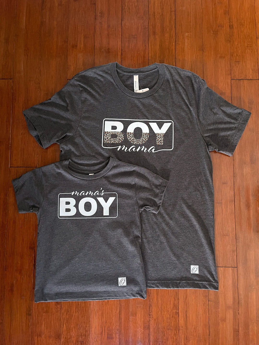 Adult L & Toddler 5T Bella Canvas Heather CVC Crewneck Short Sleeve Tee Set - Boy Mama/Mama's Boy