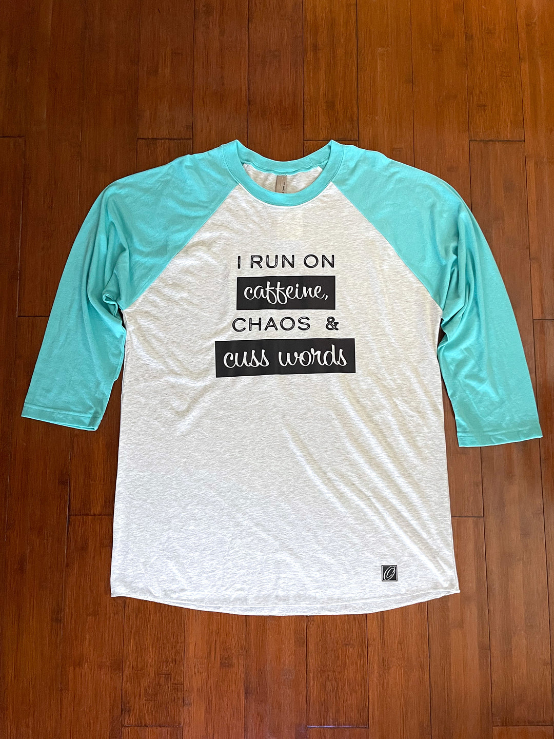 Adult L Next Level Triblend Three-Quarter Raglan Baseball Tee - I Run On Caffeine Chaos & Cuss Words