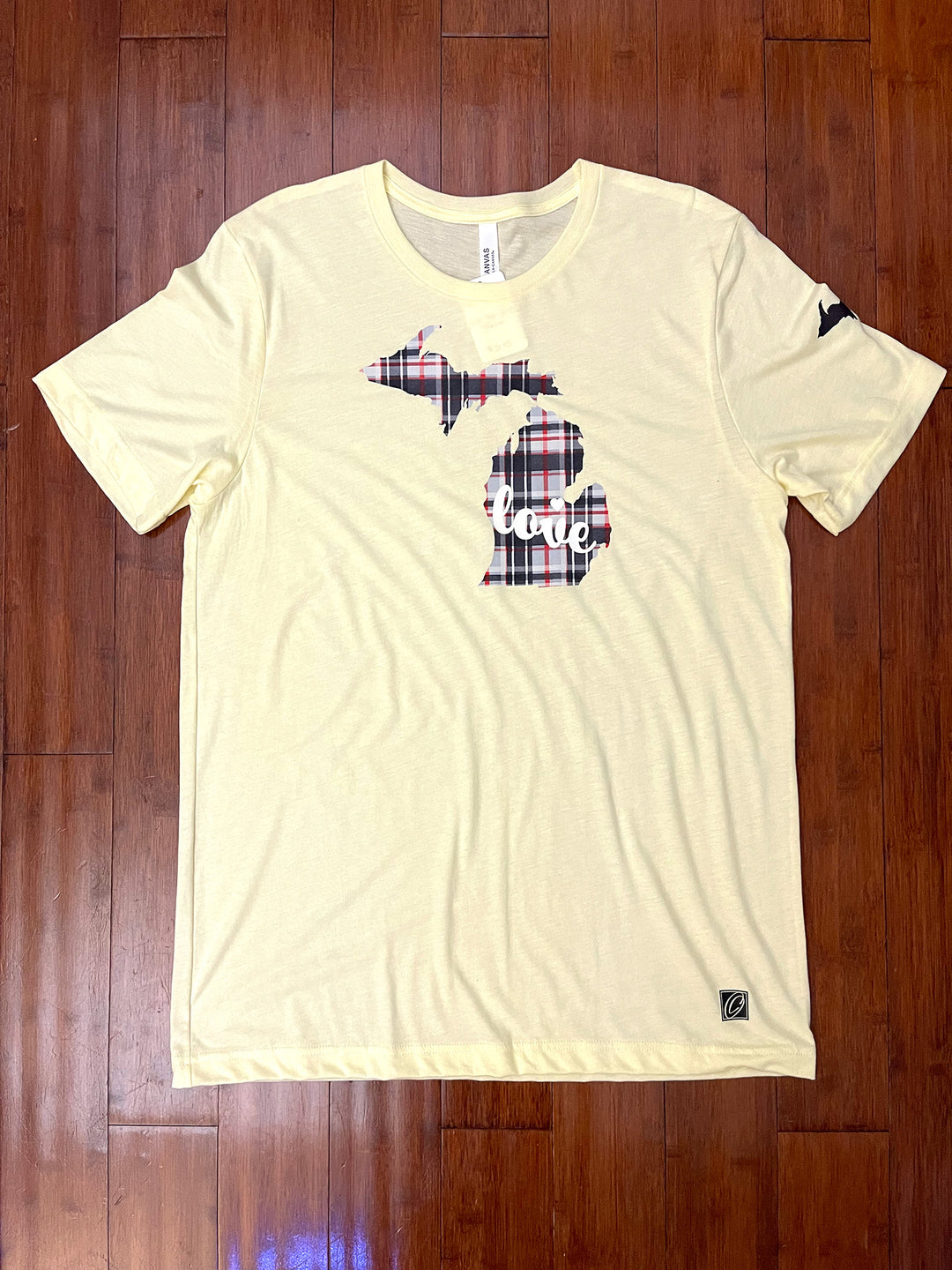 Adult Bella Canvas Triblend Crewneck Short Sleeve Tee - Love Michigan - Gray & Black Plaid