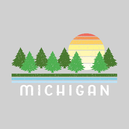 Michigan - Retro Sunset with Woods - Distressed