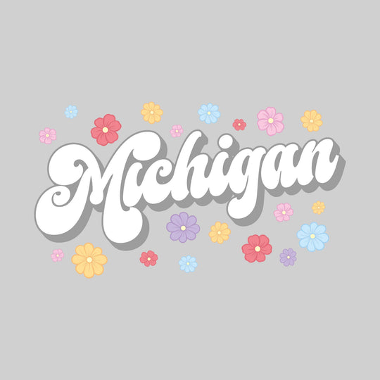 Michigan - Retro Text with Flowers