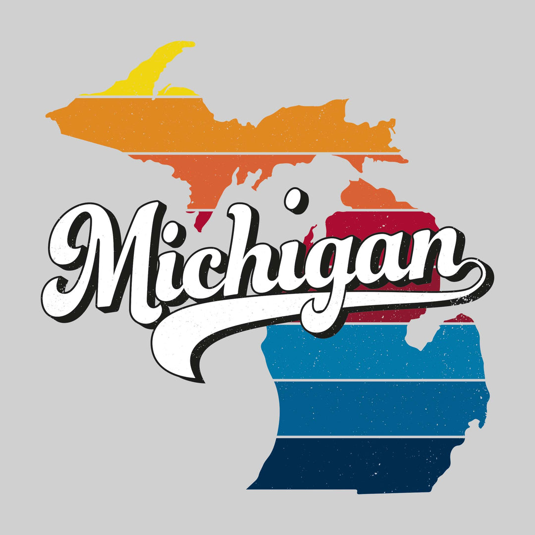 Michigan - Script Over Retro Striped State