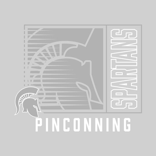 Pinconning Spartans - Spirit Wear - Boxed Cutout Mascot with Outlined Mascot Name Over School Name