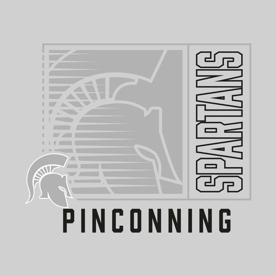 Pinconning Spartans - Spirit Wear - Boxed Cutout Mascot with Outlined Mascot Name Over School Name