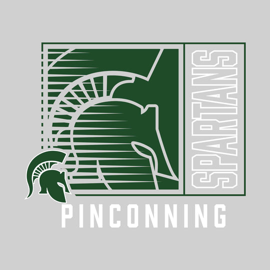 Pinconning Spartans - Spirit Wear - Boxed Cutout Mascot with Outlined Mascot Name Over School Name