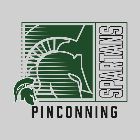 Pinconning Spartans - Spirit Wear - Boxed Cutout Mascot with Outlined Mascot Name Over School Name