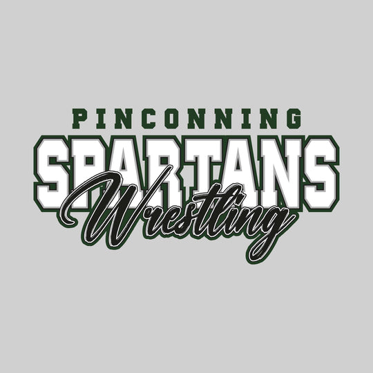 Pinconning Spartans - Wrestling - Outlined Mascot Name with Cursive Wrestling