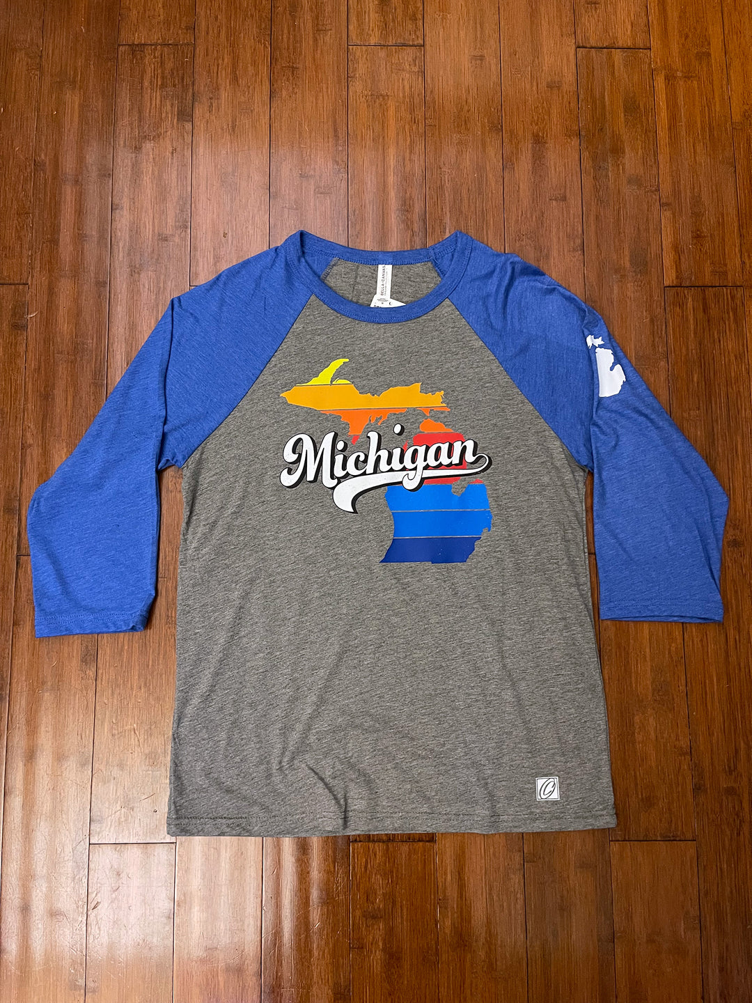 Adult M Bella Canvas Three-Quarter Sleeve Baseball Tee - Michigan - Retro Striped