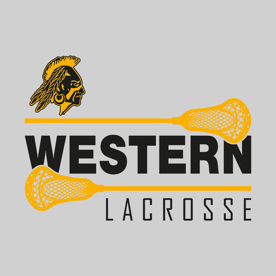 Western Warriors - Lacrosse - School Name Bracketed by Lacrosse Sticks with Mascot