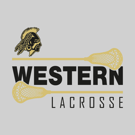Western Warriors - Lacrosse - School Name Bracketed by Lacrosse Sticks with Mascot
