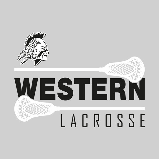 Western Warriors - Lacrosse - School Name Bracketed by Lacrosse Sticks with Mascot