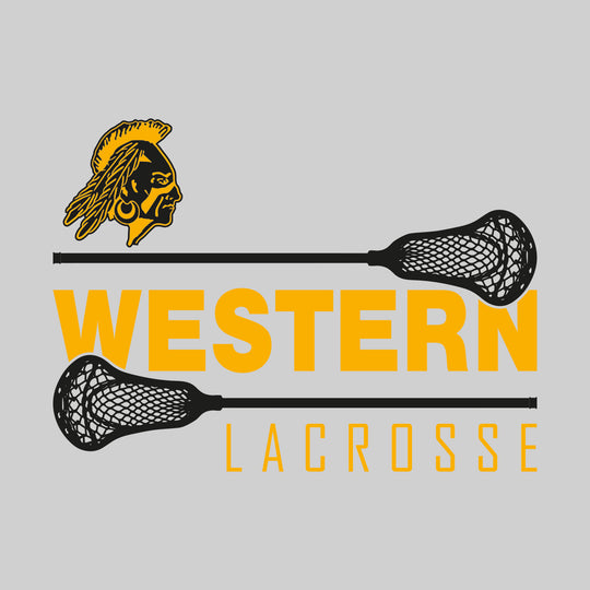 Western Warriors - Lacrosse - School Name Bracketed by Lacrosse Sticks with Mascot