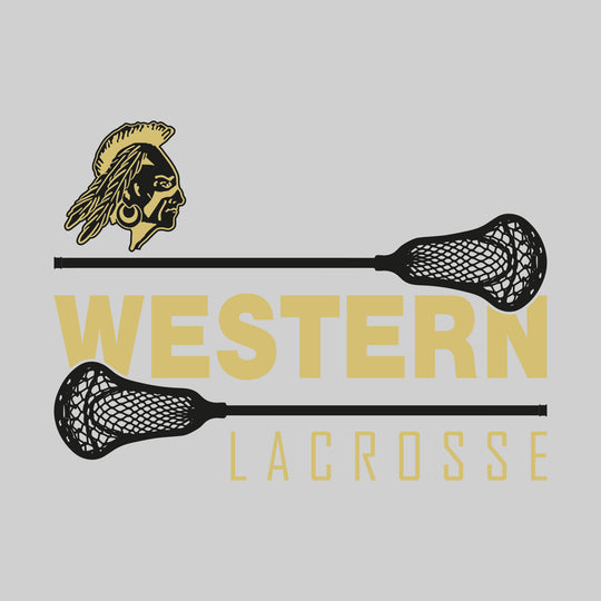 Western Warriors - Lacrosse - School Name Bracketed by Lacrosse Sticks with Mascot