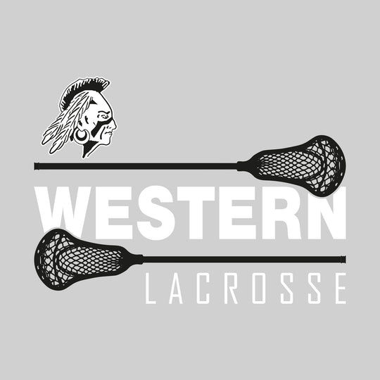 Western Warriors - Lacrosse - School Name Bracketed by Lacrosse Sticks with Mascot