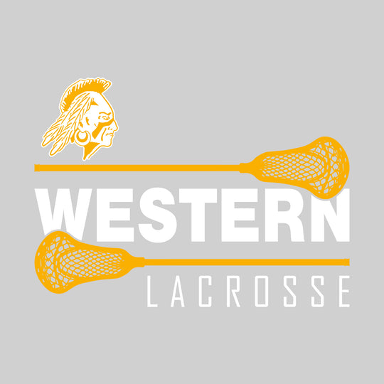 Western Warriors - Lacrosse - School Name Bracketed by Lacrosse Sticks with Mascot